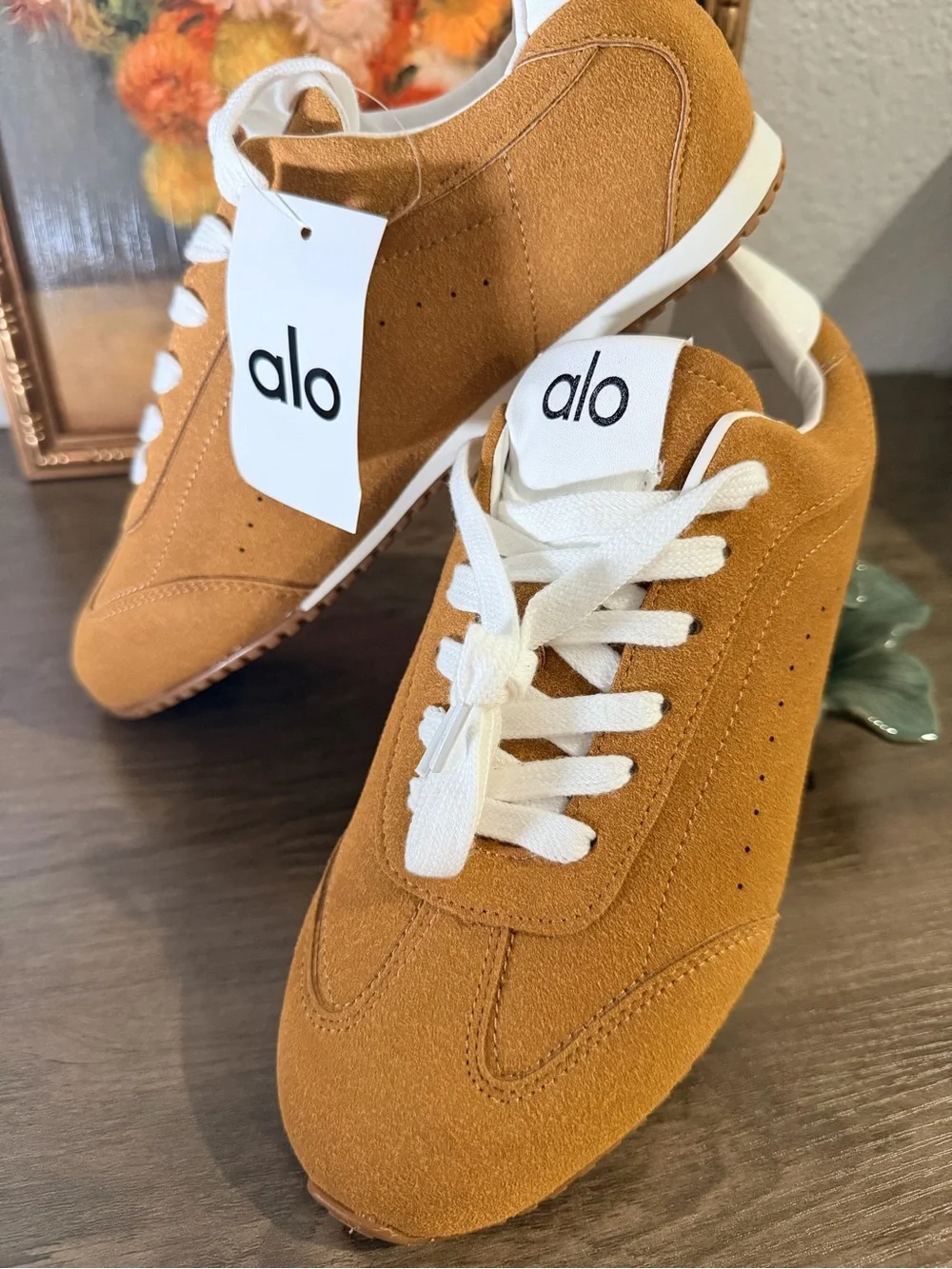 ALO Yoga Men's Suede Sneakers in Tan with White Laces